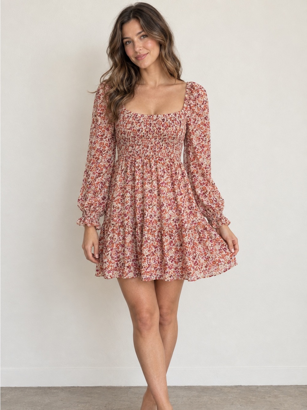 Lush Pink Orange Floral Smocked Puff Sleeve Cottagecore Mini Dress